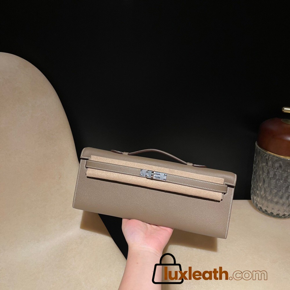 Epsom 18/Étoupe Grey (Étoupe)     Full Handmade  HERMES  Kelly Cut 