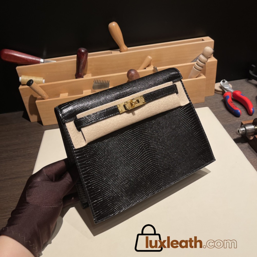 Hermes Kelly danse Lizard 89 /Black (Noir)Gold Hardware