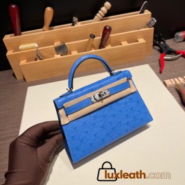 Hermes kelly20 ostrich 19cm 7Q/ Mykonos Silver Hardware Full Handmade kellymini-014