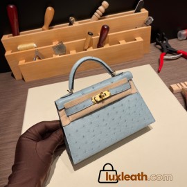 Hermes kelly20 ostrich 19cm J7 /Blue Lin Gold Hardware    Full Handmade kellymini-019