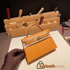 Hermes kelly20 ostrich 19cm 22 /Saffron Gold Hardware Full Handmade kellymini-021