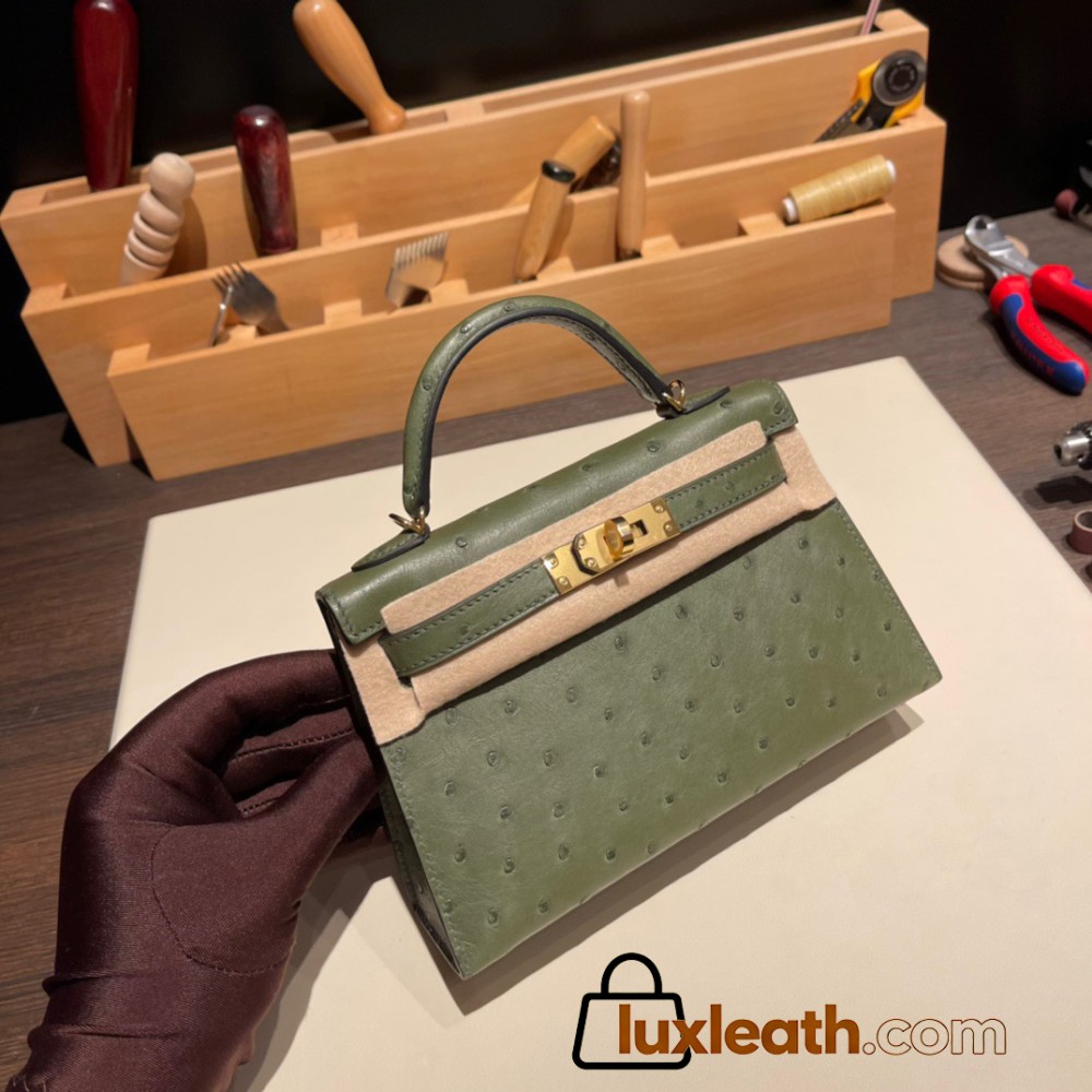 Hermes kelly20 ostrich 19cm V6/ /Canope & G8 /Vert Maquis Gold Hardware  Full Handmade kellymini-024