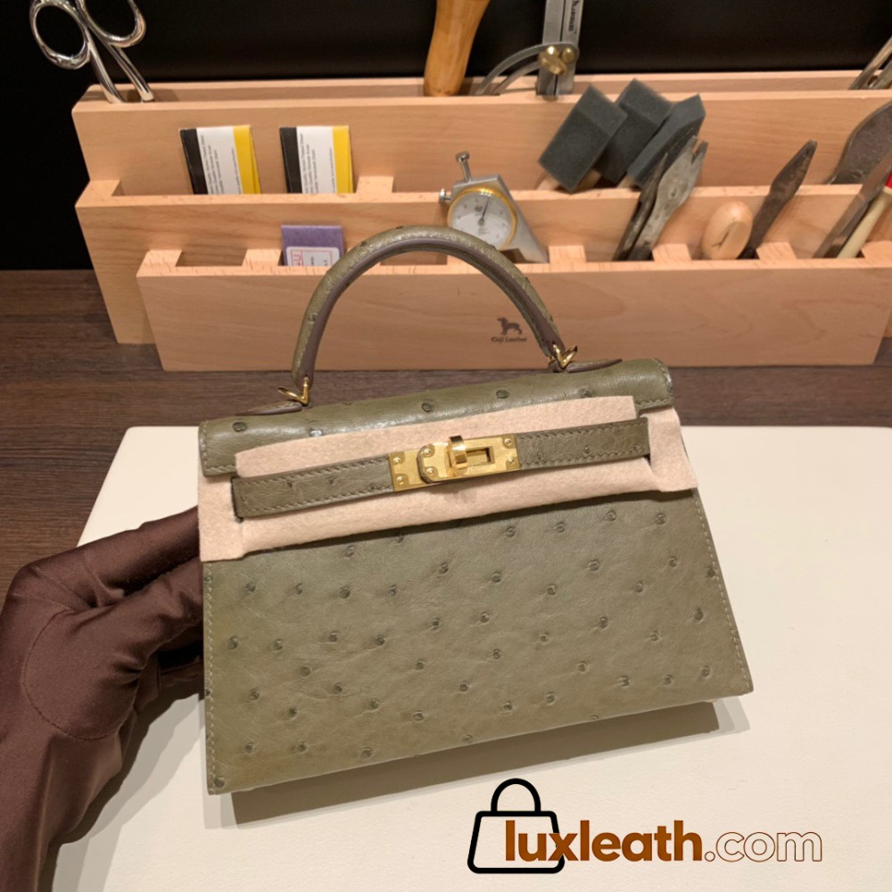 Hermes kelly20 ostrich 19cm Q1 /Sauge Gold Hardware     Full Handmade kellymini-027