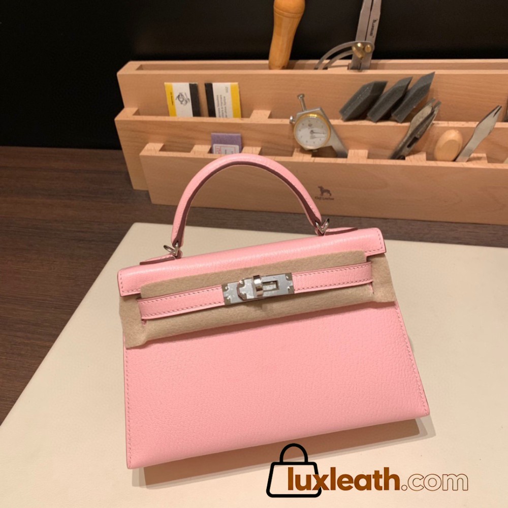 Hermes kelly20 chevre 19cm 3Q /Rose Sakura Silver Hardware Full Handmade kellymini-037
