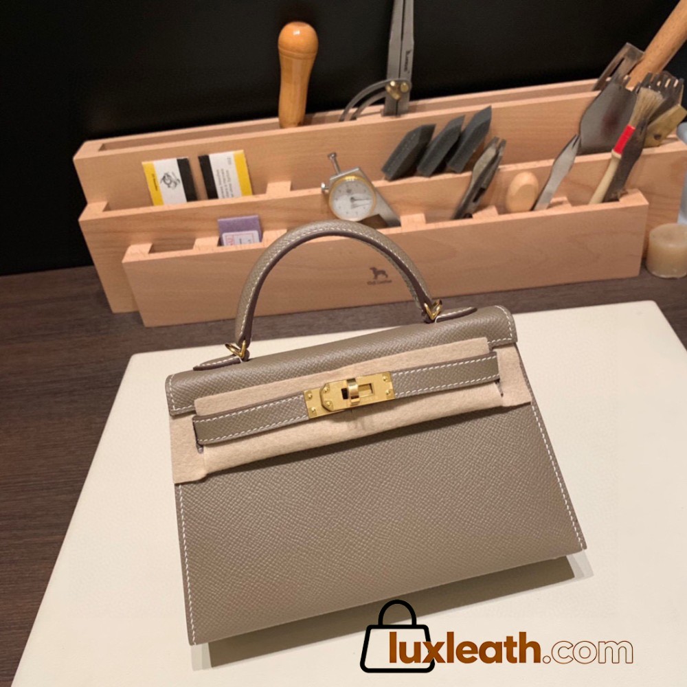 Hermes kelly20 epsom19cm 8C /Elephant Grey Gold Hardware Full Handmade kellymini-040