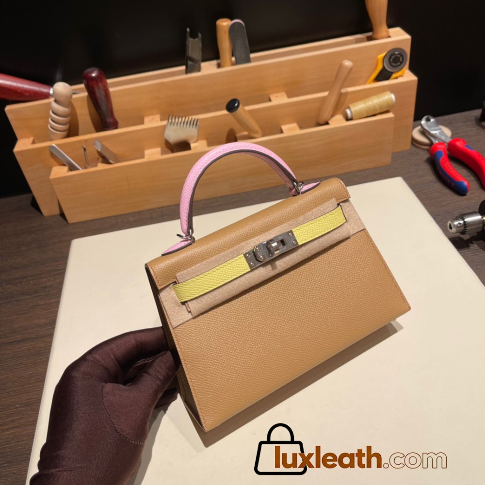 Hermes kelly20 epsom19cm 0M/Cha & 9R/Lime & X9 /Mauve Sylvestre Silver Hardware Full Handmade kellymini-057