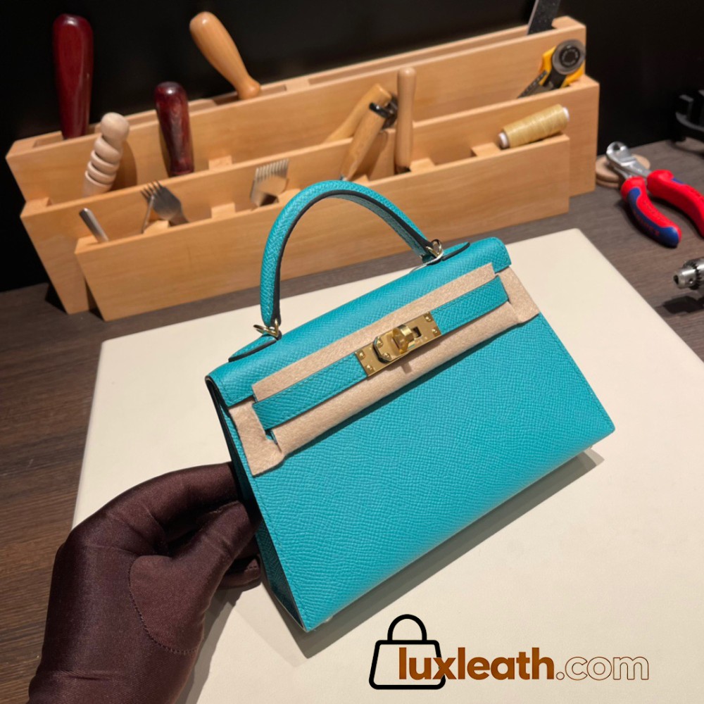 Hermes kelly20 epsom19cm 7F/ Blue Paon Gold Hardware Full Handmade kellymini-060