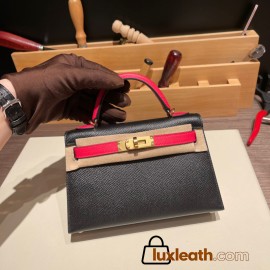 Hermes kelly20 epsom19cm 89 /Black (Noir)& I6/ Rose Extreme Gold Hardware Full Handmade kellymini-067