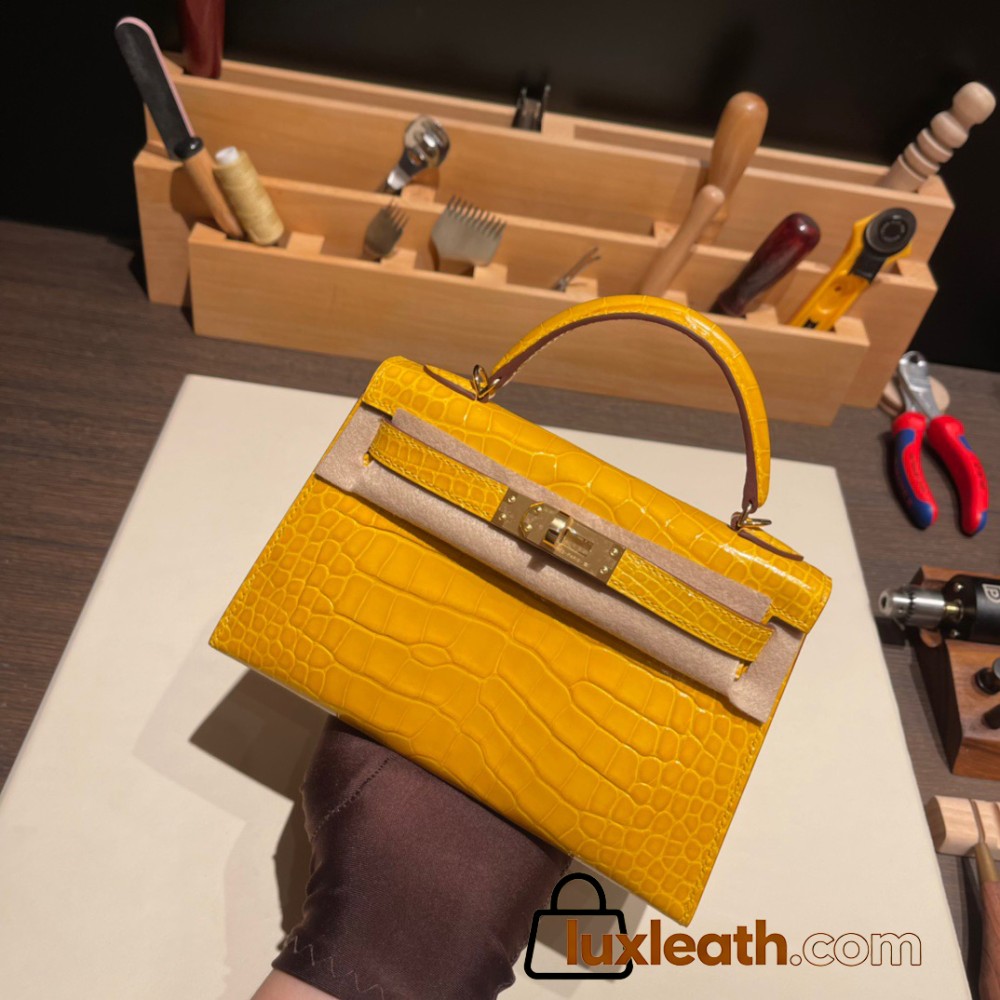Hermes kelly20 Alligateor Crocodile 19cm J5 /Rose Scheherazade Gold Hardware Full Handmade kellymini-098