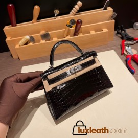 Hermes kelly20 Alligateor 80/ Pearl Grey& 7T /Blue Electric Silver Hardware Full Handmade kellymini-101