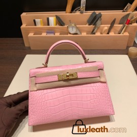Hermes kelly20 Matte Mini Kelly Alligateor crocodile 80 /Pearl Grey Gold Hardware Full Handmade kellymini-108