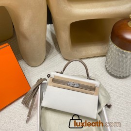  Silver Hardware   01 White&18/Étoupe Grey Epsom   Full Handmade  Kelly mini  