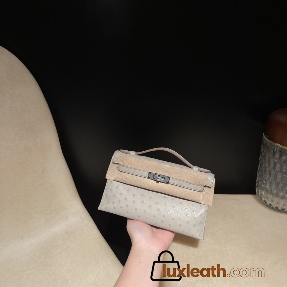 ostrich kelly pochette  80/Pearl Grey (Gris Perle)   ，