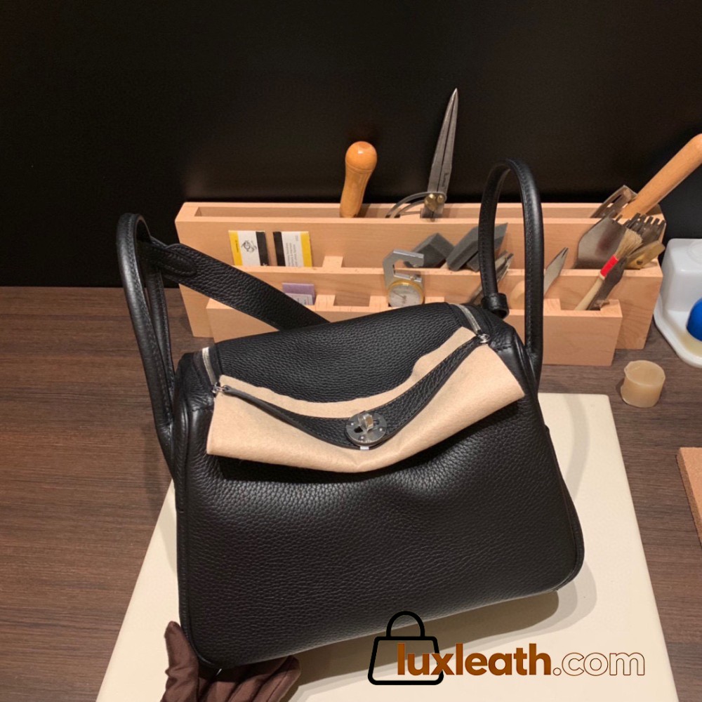 Hermes Lindy 26cm Clemence 89/ Black (Noir) Silver Hardware lindy26-011