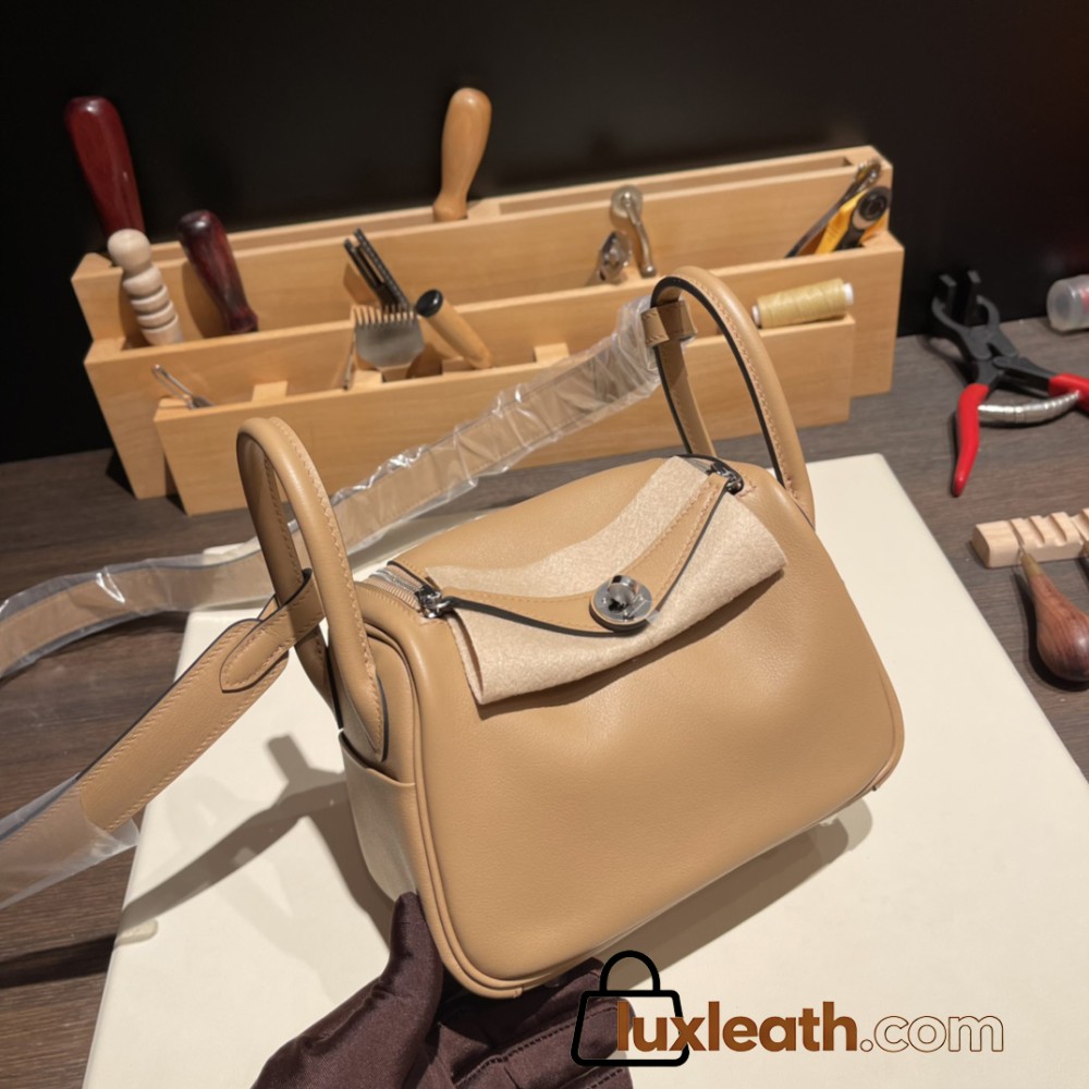 Hermes Mini Lindy swift 0M/Chai & X9 /Mauve Sylvestre Silver Hardware 012