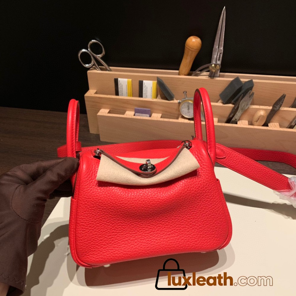 Hermes Mini Lindy Clemence S3/Rouge Cœur Silver Hardware 076