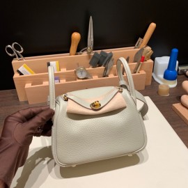 Hermes Mini Lindy Clemence 80 / Pearl Grey Gold Hardware 108
