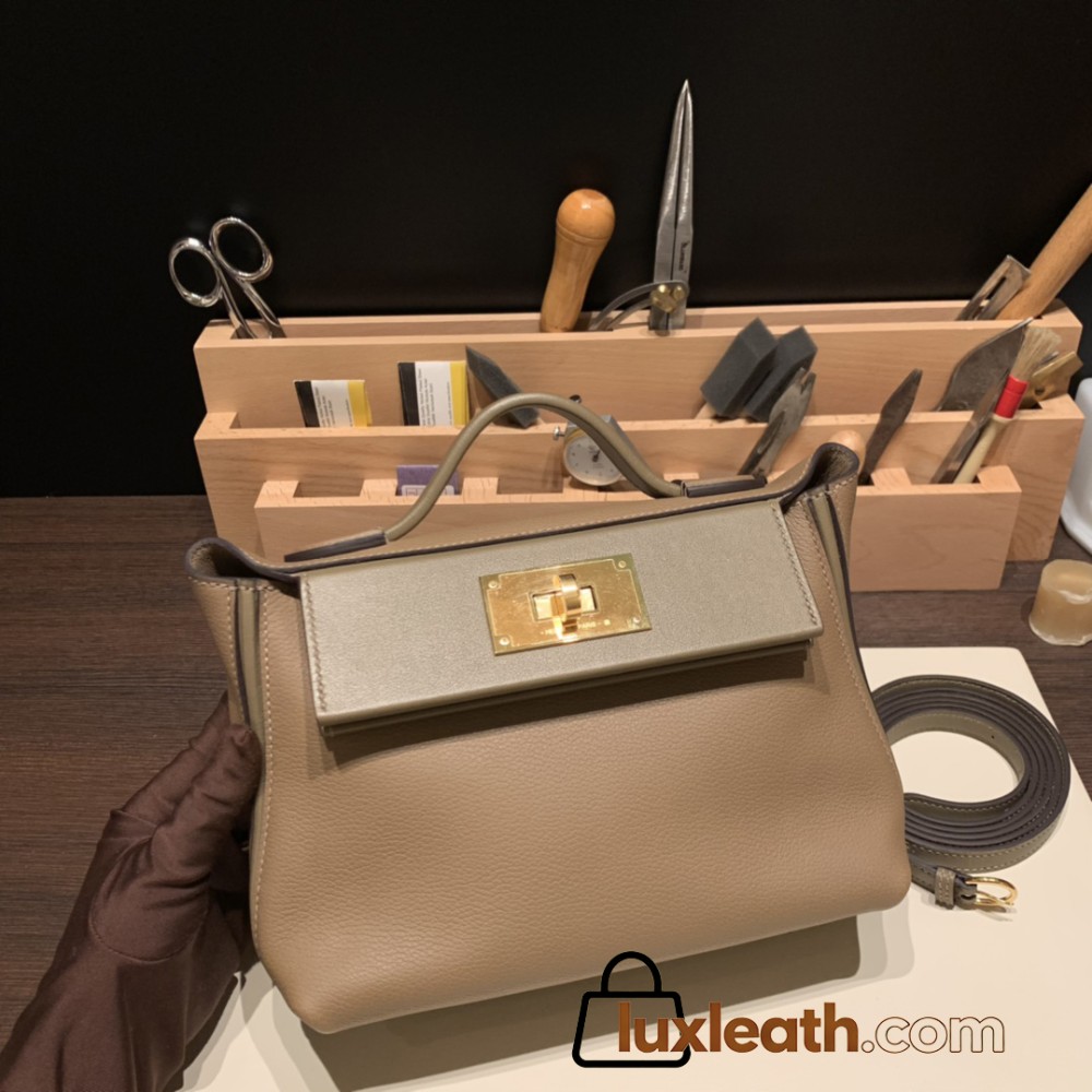 Hermes Mini 21cm kelly 2424 D0 /Beige de Weimar & 18 /Étoupe Grey Gold Hardware 21cm Full Handmade