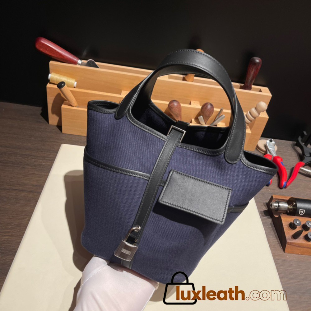 Hermes Picotin  Swift & canvas cargo 18cm 73 /Blue Saphir & 89/Black Silver Hardware