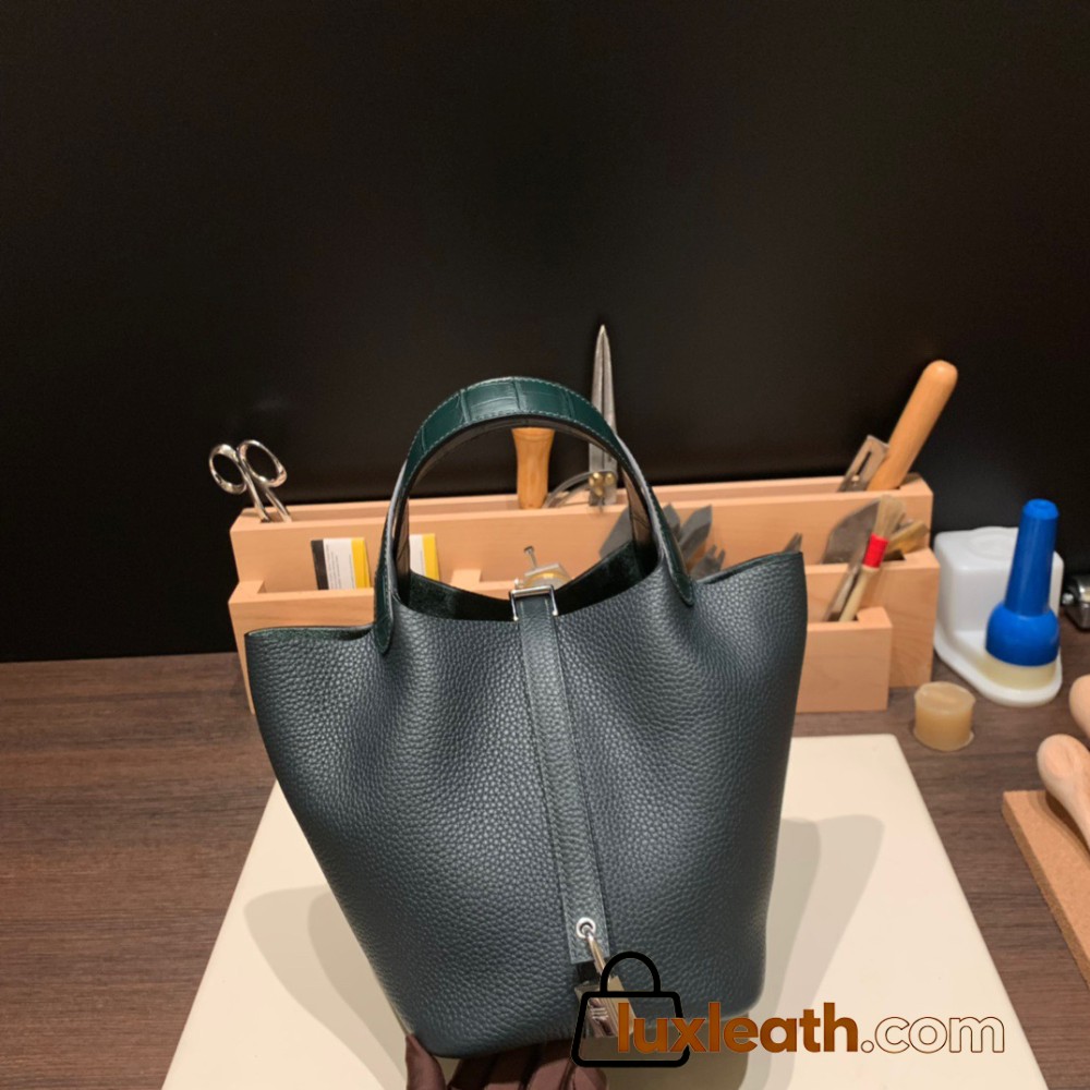 Hermes Picotin cargo  Clemence & Crocodile 18cm 6O /Vert Cypres Silver Hardware