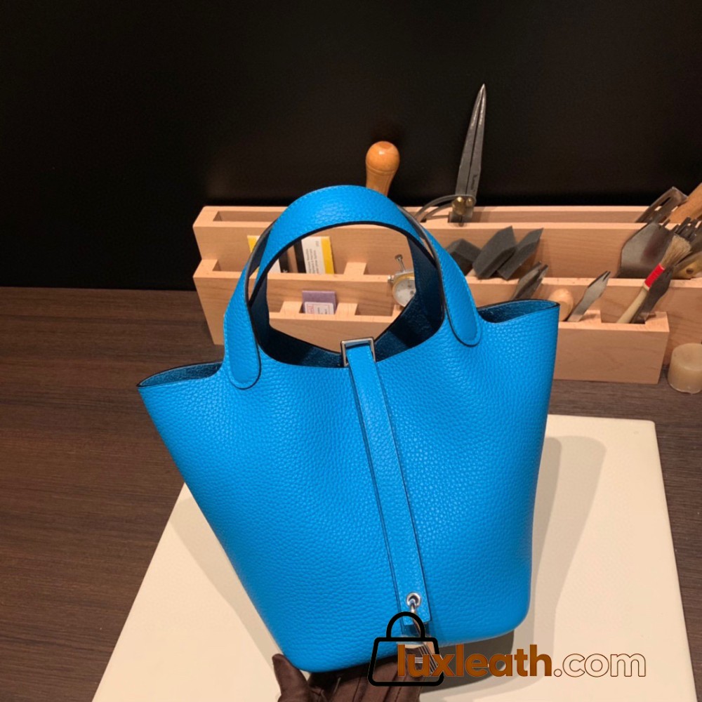 Hermes Picotin Clemence 18cm 0F /Blue Frida Silver Hardware