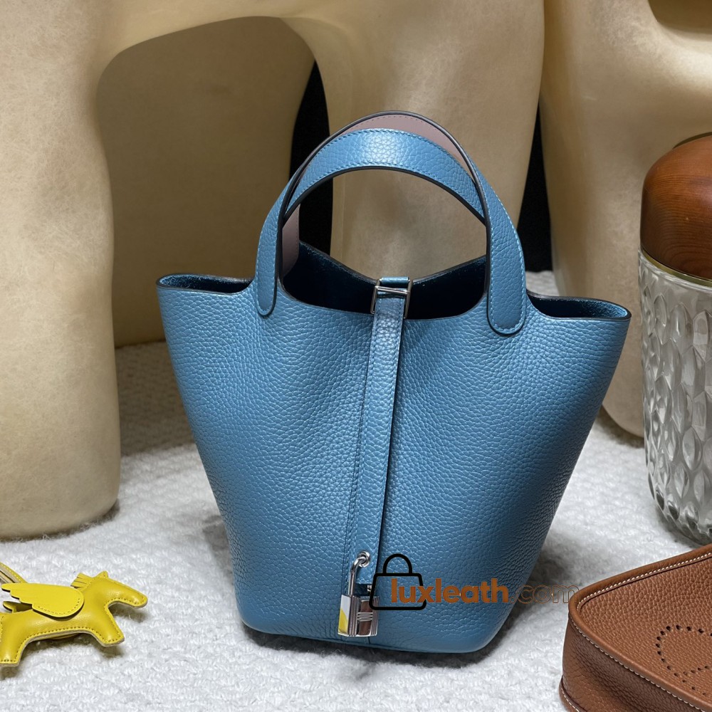 Picotin Lock 18/PM Taurillon Clemence (TC) 75/Blue Jean & 09 Mauve Pale (New Color Launched in Hermes 2022 AW) Silver Hardware Fully Hand-Stitched