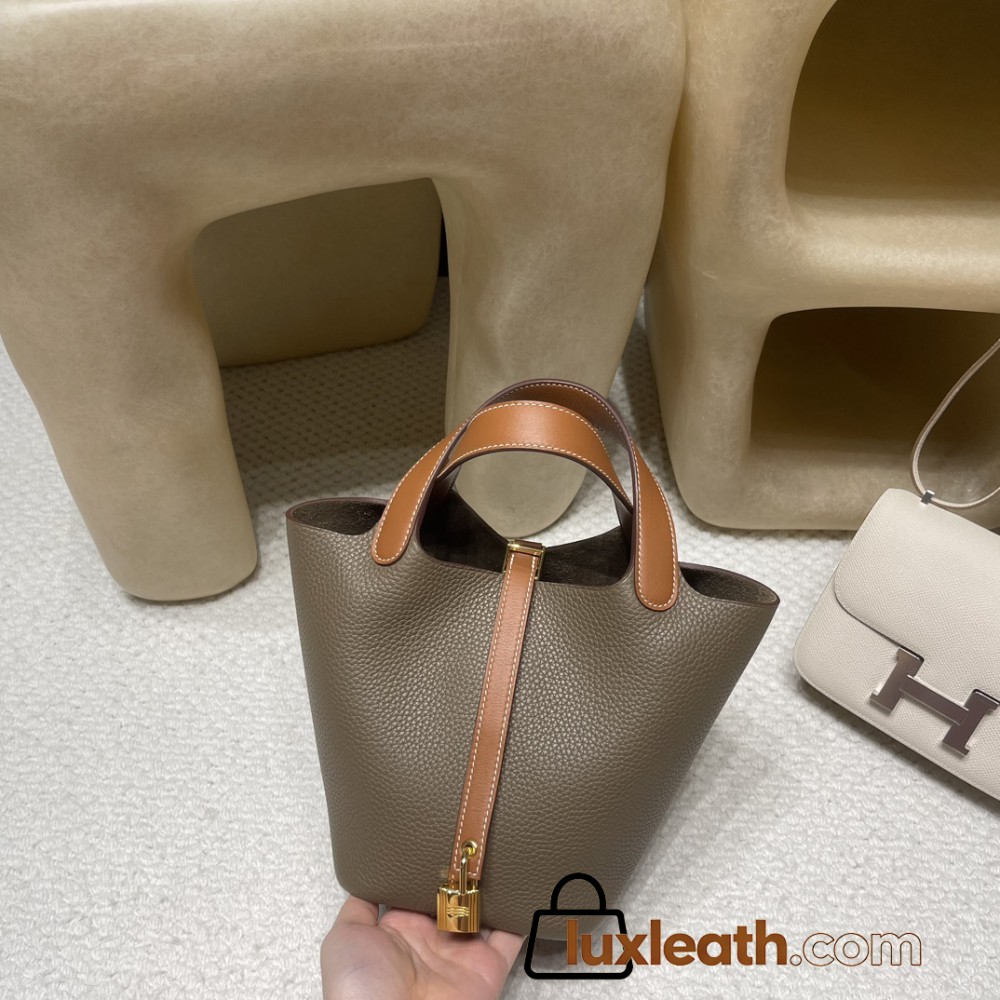 Picotin Lock 18/PM Taurillon Clemence (TC) 18/Étoupe Grey (Étoupe) & Swift 37/Gold Gold Hardware Fully Hand-Stitched