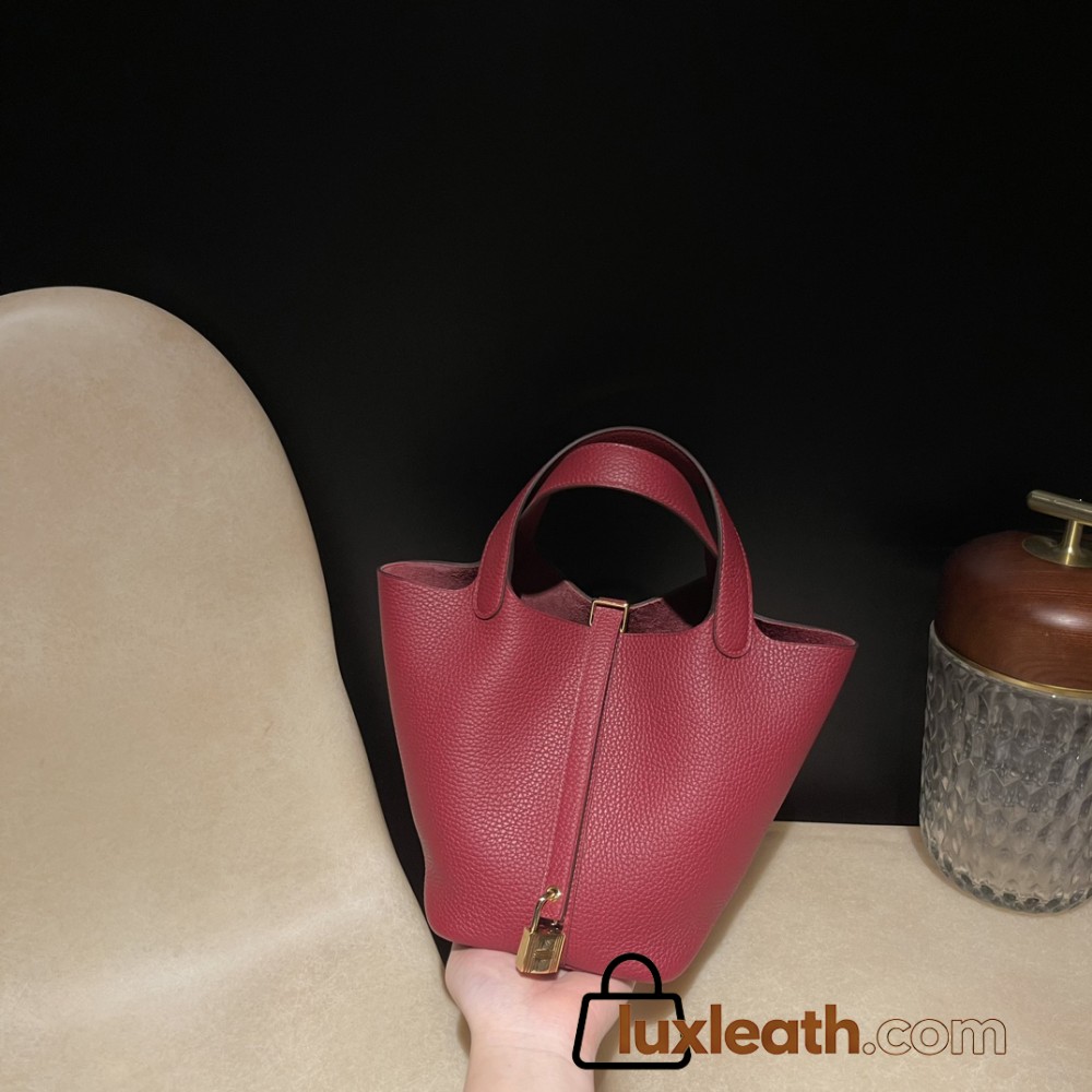 Picotin Lock 18/PM Taurillon Clemence (TC) K1/Rouge Grenat Gold Hardware Fully Hand-Stitched