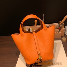 HERMES Picotin Lock 22/MM CLEMENCE Orange Gold Hardware