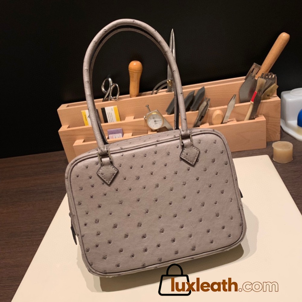Hermès Plume 21 Ostrich M8/Gris Asphalt Silver Hardware Plume-007 Fully Hand-Stitched