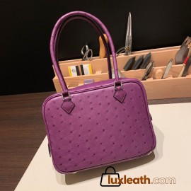 Hermès Plume 21 Ostrich P9/Anemone Silver Hardware Plume-008 Fully Hand-Stitched