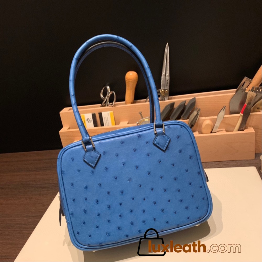 Hermès Plume 21 Ostrich T7/Blue Hydra Silver Hardware Plume-010 Fully Hand-Stitched