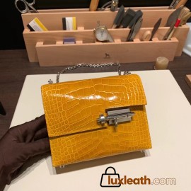 Hermès Plume 21 Crocodile 9D/Jaune Ambre Silver Hardware Verrou-015 Fully Hand-Stitched