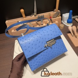 Hermès Verrou Mini 17cm Ostrich T7/Blue Hydra Silver Hardware Verrou-017 Fully Hand-Stitched