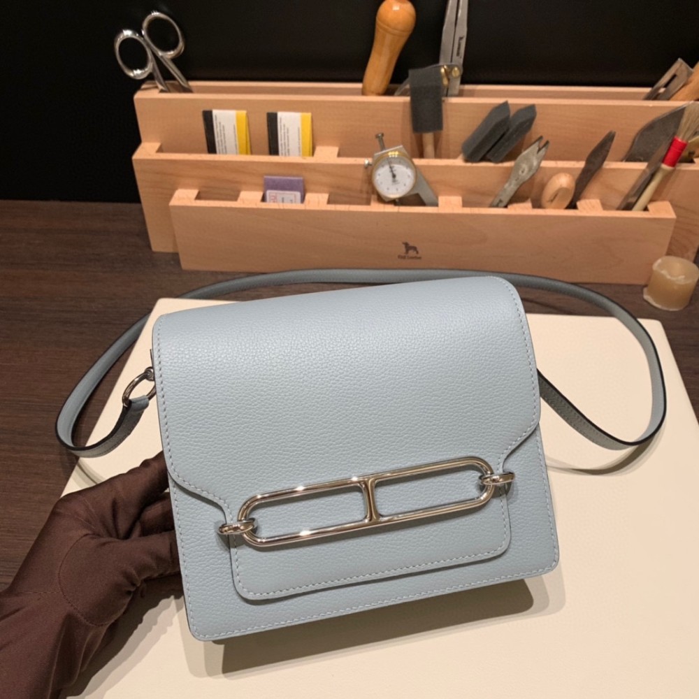 Hermès Roulis 19cm Evercolor Blue Glacier Silver Hardware Roulis-041 Fully Hand-Stitched