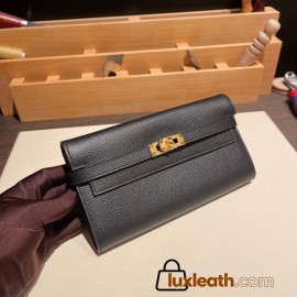 Hermès Kelly Wallet Long Veau Epson 89/Black (Noir) Black Gold Hardware wallet-002 Fully Hand-Stitched