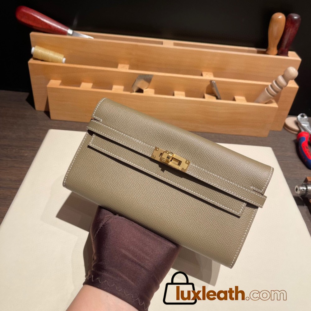 Hermès Kelly Wallet Long Veau Epson 18/Étoupe Grey (Étoupe) Etoupe Gold Hardware wallet-005 Fully Hand-Stitched