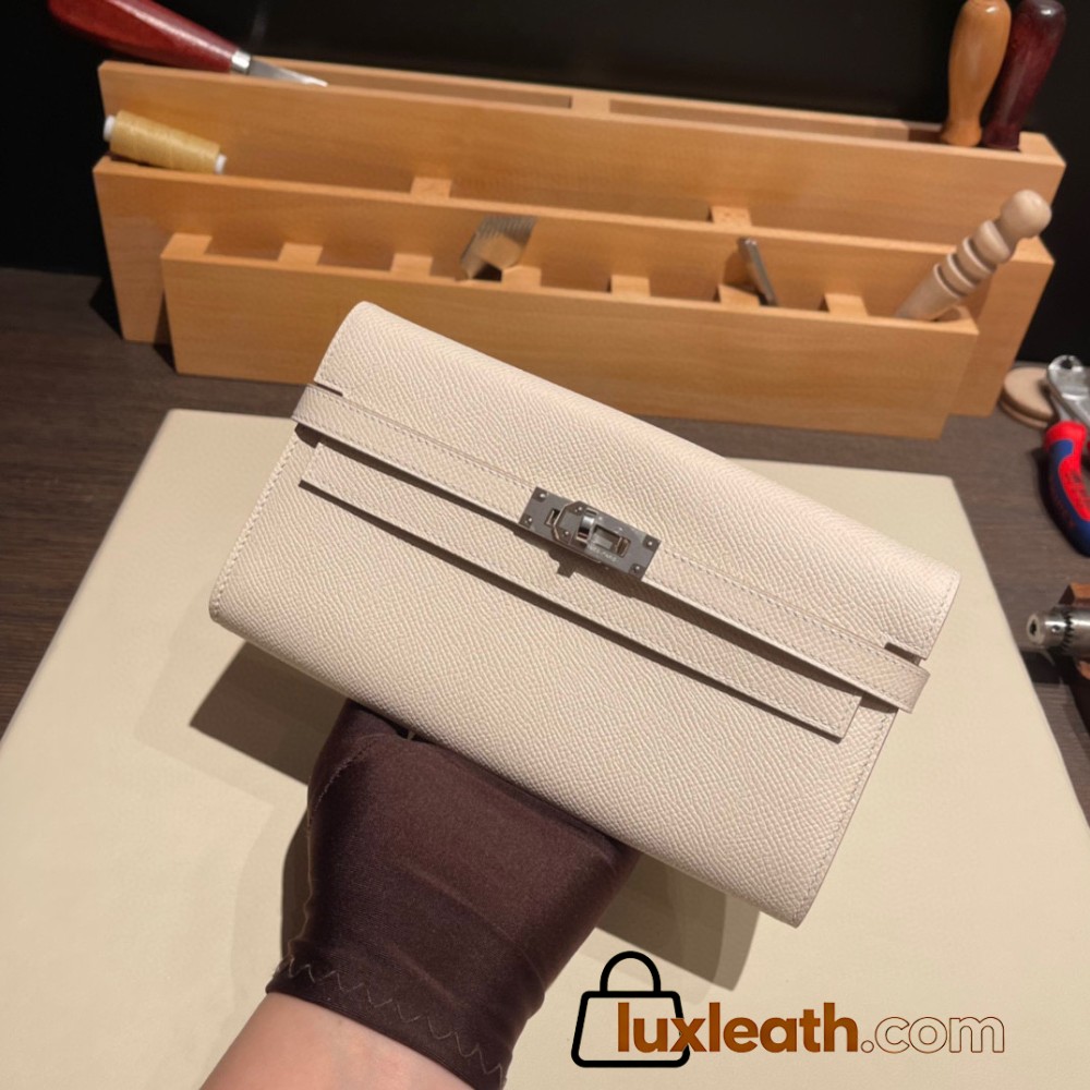 Hermès Kelly Wallet Long Veau Epson 10/Craie Craie Silver Hardware wallet-007 Fully Hand-Stitched