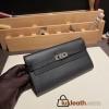 Hermès Kelly Wallet Long Veau Epson 89/Black (Noir) Black Silver Hardware wallet-009 Fully Hand-Stitched