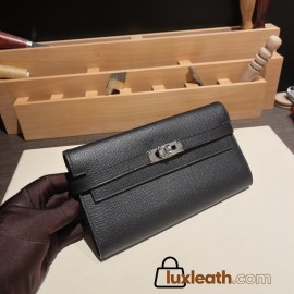 Hermès Kelly Wallet Long Veau Epson 89/Black (Noir) Black Silver Hardware wallet-009 Fully Hand-Stitched