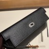 Hermès Kelly Wallet Long Veau Epson 89/Black (Noir) Black Silver Hardware wallet-009 Fully Hand-Stitched
