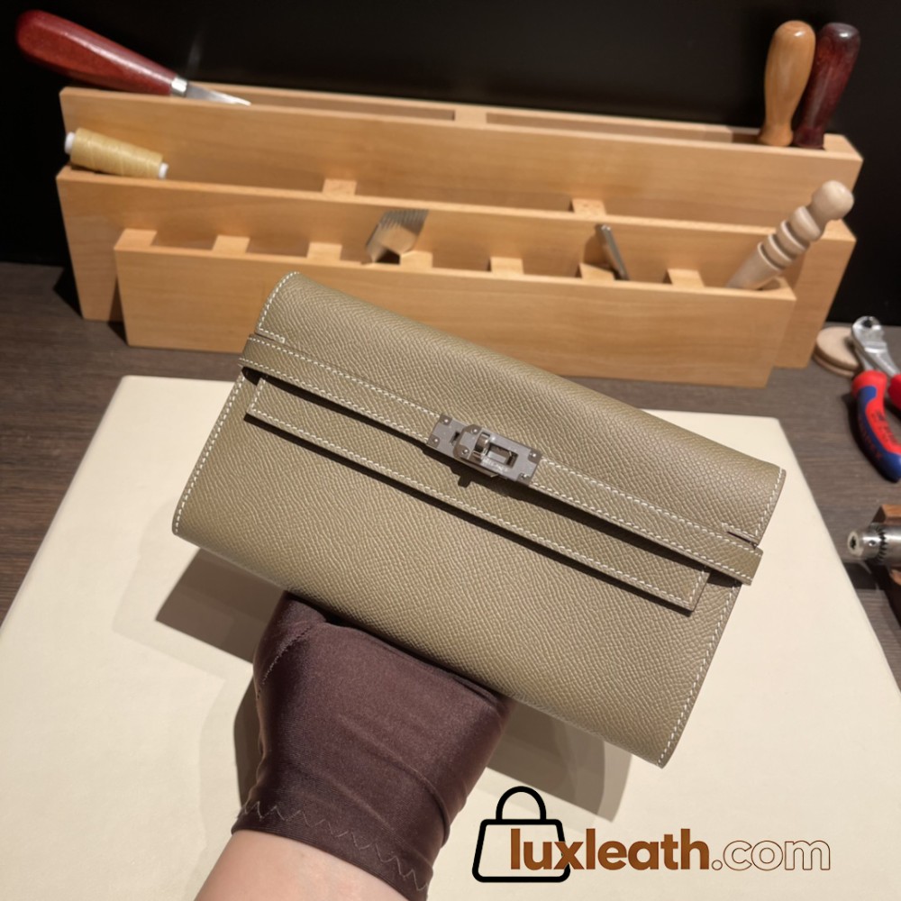 Hermès Kelly Wallet Long Veau Epson 18/Étoupe Grey (Étoupe) Etoupe Silver Hardware wallet-011 Fully Hand-Stitched