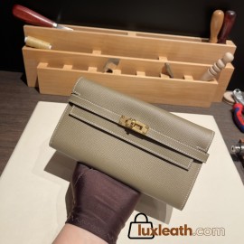 Hermès Kelly Wallet Long Veau Epson 18/Étoupe Grey Etoupe Gold Hardware wallet-013 Fully Hand-Stitched