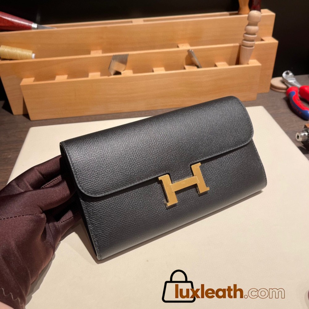 Hermès Constance Long Veau Epson 89/Black (Noir) Black Gold Hardware wallet-020 Fully Hand-Stitched