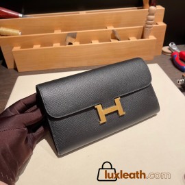 Hermès Constance Long Veau Epson 89/Black (Noir) Black Gold Hardware wallet-020 Fully Hand-Stitched