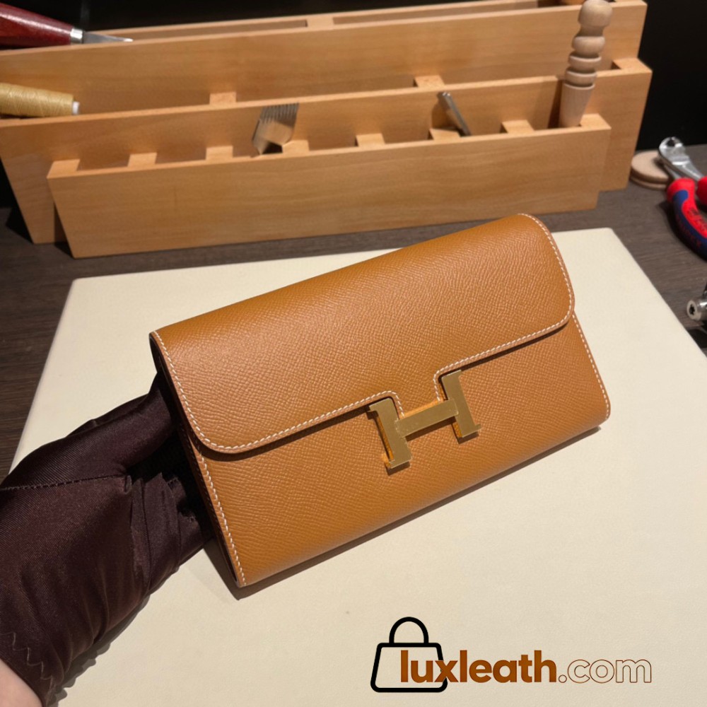 Hermès Constance Long Veau Epson 37/Gold Gold Gold Hardware wallet-024 Fully Hand-Stitched