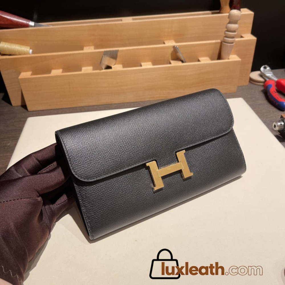 Hermès Constance Long Veau Epson 89/Black Black Gold Hardware wallet-028 Fully Hand-Stitched