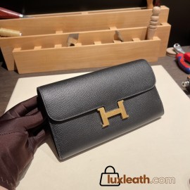 Hermès Constance Long Veau Epson 89/Black Black Gold Hardware wallet-028 Fully Hand-Stitched