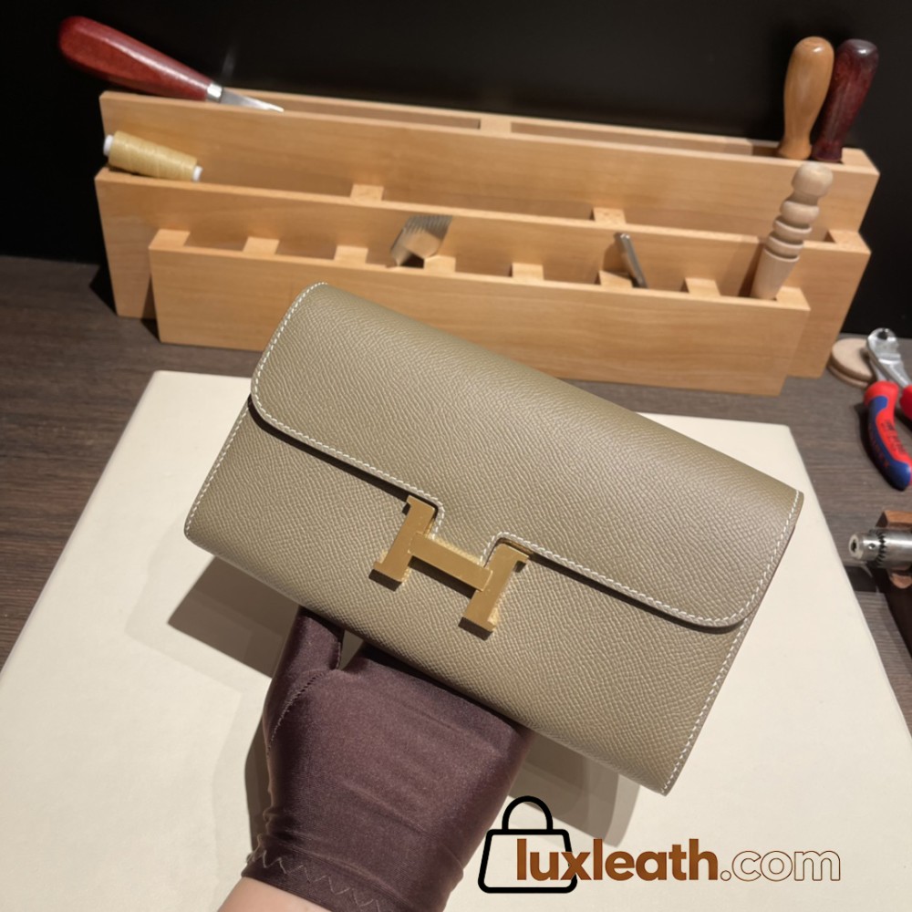 Hermès Constance Long Veau Epson 18/Étoupe Grey Etoupe Gold Hardware wallet-031 Fully Hand-Stitched
